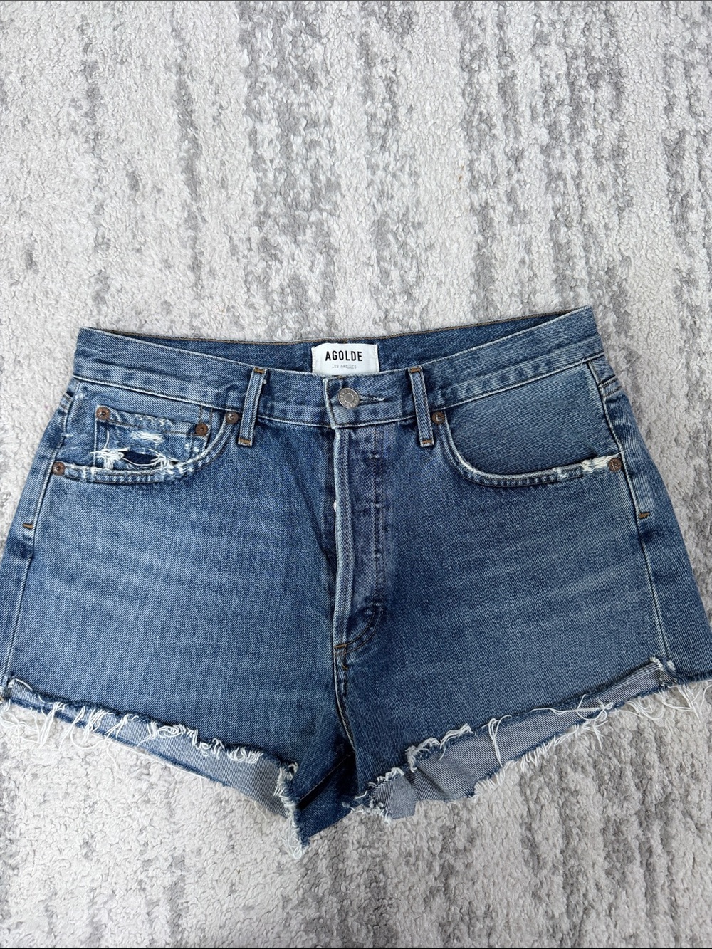 Agolde Medium Blue Distressed Denim Cutoff Shorts